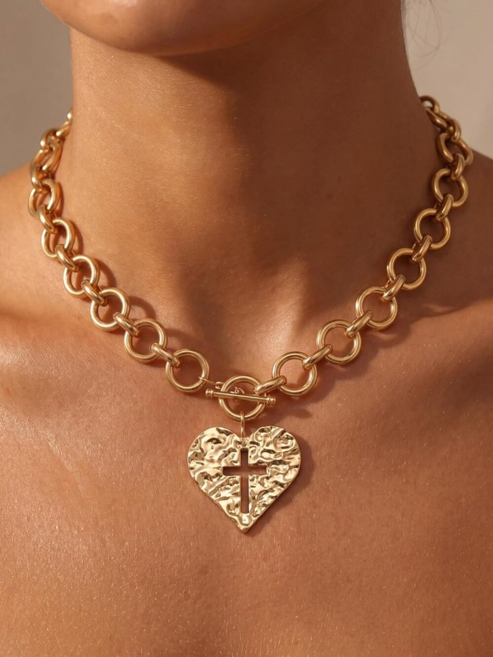 Gold Chunky Cross Necklace for Women Hammered Chunky Necklaces | 14K Gold Plated - Picture 2 of 6